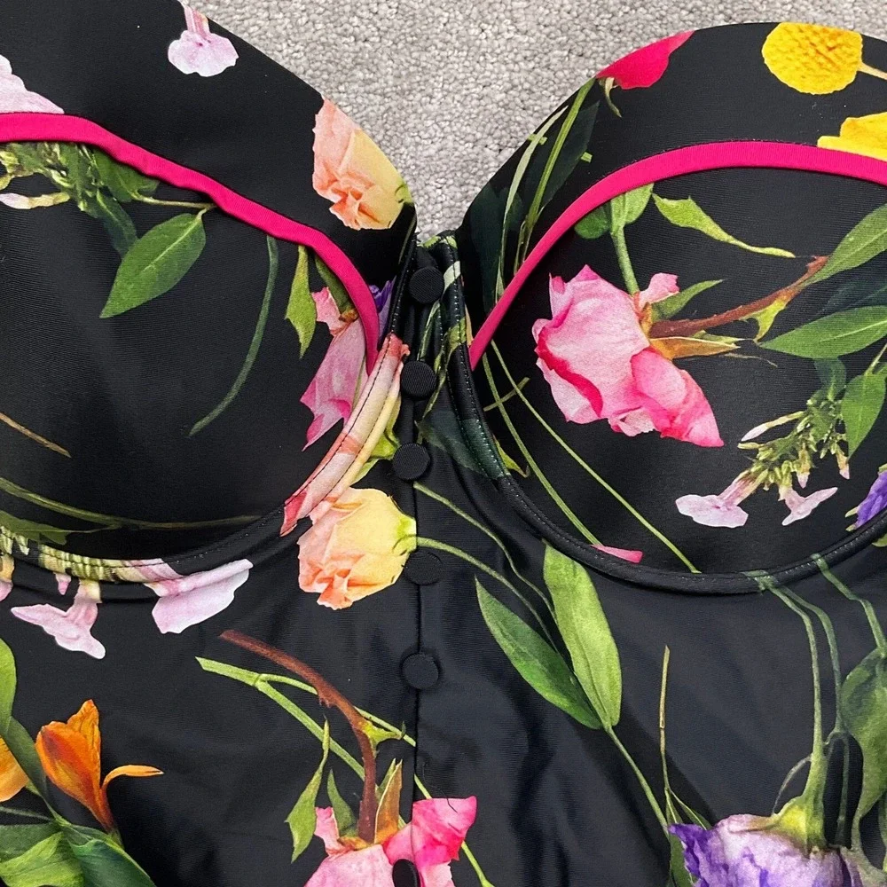 Ted Baker 1pc Swimsuit Women Medium  Black Floral Rose Garden Bustier Botanical - Picture 2 of 10